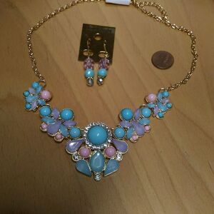 Pinwheel Necklace & Earrings Set  pink blue gold